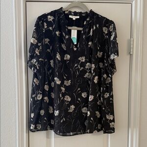 Black and Cream Floral Blouse with Flutter Sleeves and Mandarin Collar
